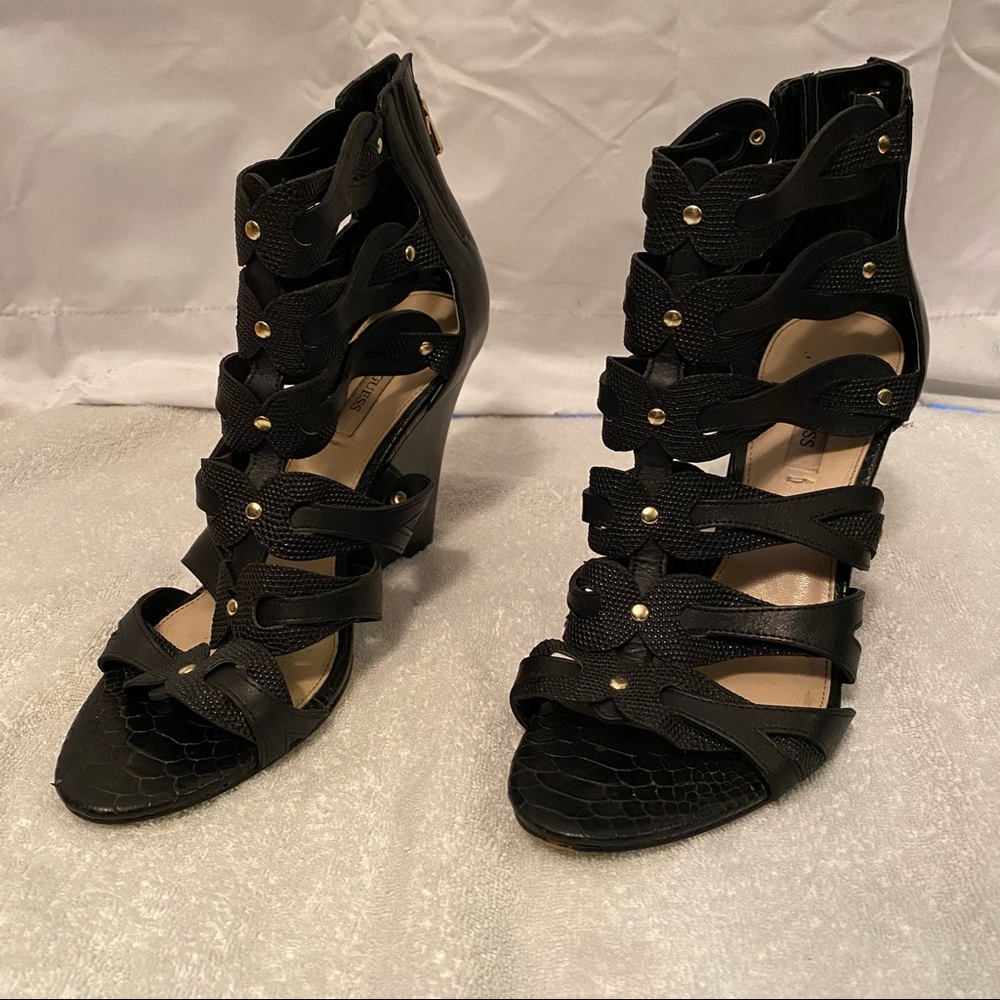 GUESS Black Leather Strappy 4” Wedge w/ Gold Studs